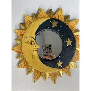 VTG Celestial Accent Wall Mirror Hand Painted Wood Sun Moon Stars 1990s